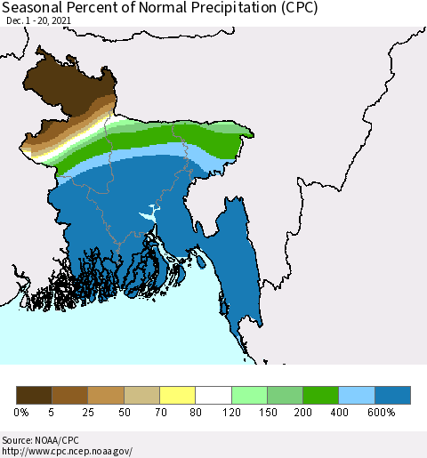 Bangladesh Seasonal Percent of Normal Precipitation (CPC) Thematic Map For 12/1/2021 - 12/20/2021