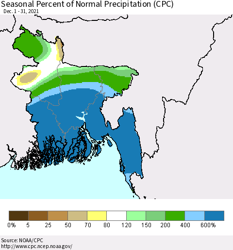 Bangladesh Seasonal Percent of Normal Precipitation (CPC) Thematic Map For 12/1/2021 - 12/31/2021