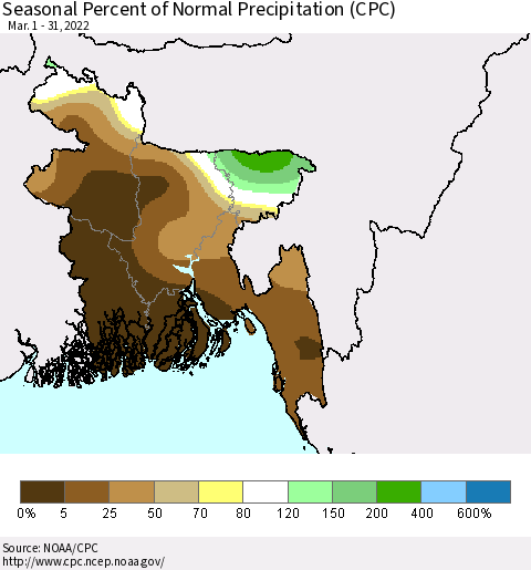 Bangladesh Seasonal Percent of Normal Precipitation (CPC) Thematic Map For 3/1/2022 - 3/31/2022