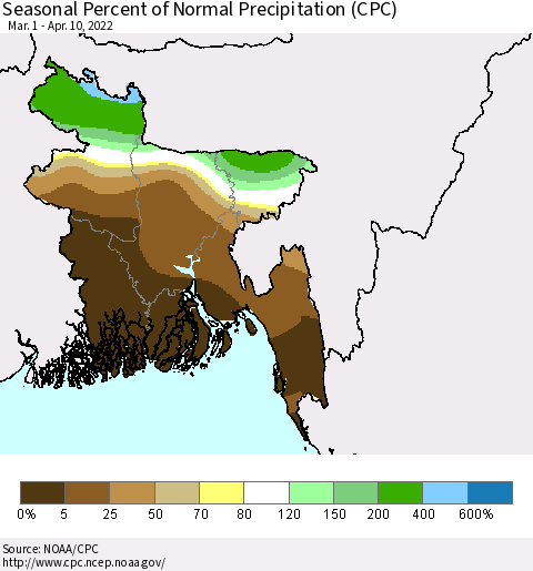 Bangladesh Seasonal Percent of Normal Precipitation (CPC) Thematic Map For 3/1/2022 - 4/10/2022