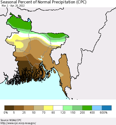 Bangladesh Seasonal Percent of Normal Precipitation (CPC) Thematic Map For 3/1/2022 - 4/20/2022