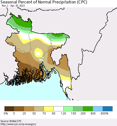 Bangladesh Seasonal Percent of Normal Precipitation (CPC) Thematic Map For 3/1/2022 - 4/30/2022