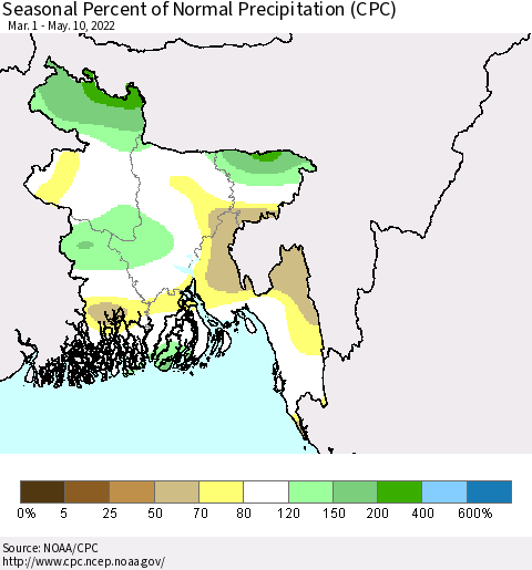 Bangladesh Seasonal Percent of Normal Precipitation (CPC) Thematic Map For 3/1/2022 - 5/10/2022