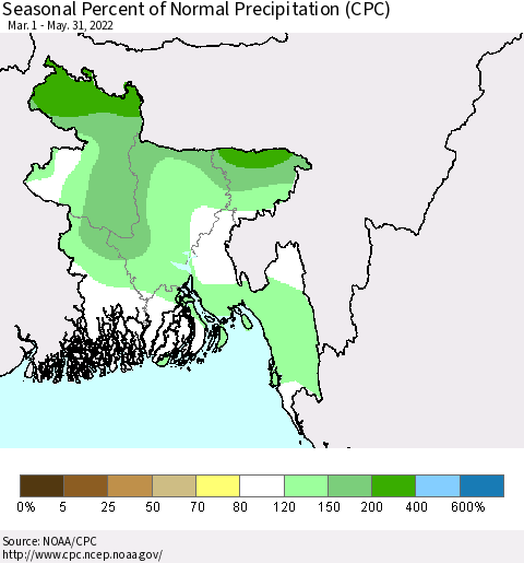 Bangladesh Seasonal Percent of Normal Precipitation (CPC) Thematic Map For 3/1/2022 - 5/31/2022
