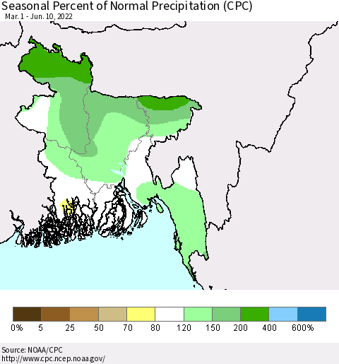 Bangladesh Seasonal Percent of Normal Precipitation (CPC) Thematic Map For 3/1/2022 - 6/10/2022