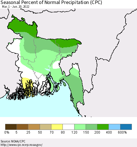 Bangladesh Seasonal Percent of Normal Precipitation (CPC) Thematic Map For 3/1/2022 - 6/20/2022