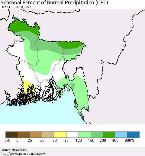Bangladesh Seasonal Percent of Normal Precipitation (CPC) Thematic Map For 3/1/2022 - 6/30/2022
