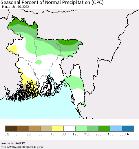 Bangladesh Seasonal Percent of Normal Precipitation (CPC) Thematic Map For 3/1/2022 - 7/10/2022