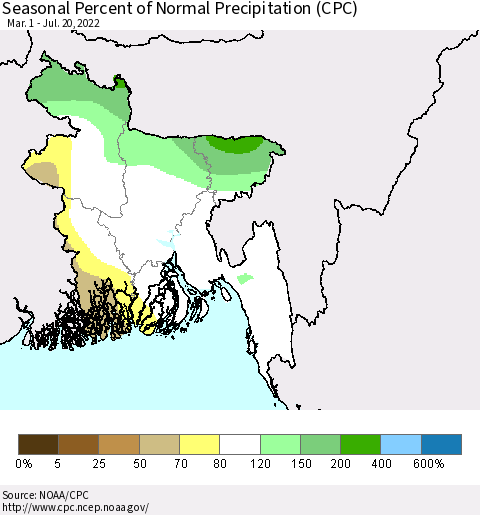 Bangladesh Seasonal Percent of Normal Precipitation (CPC) Thematic Map For 3/1/2022 - 7/20/2022
