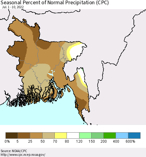 Bangladesh Seasonal Percent of Normal Precipitation (CPC) Thematic Map For 7/1/2022 - 7/10/2022