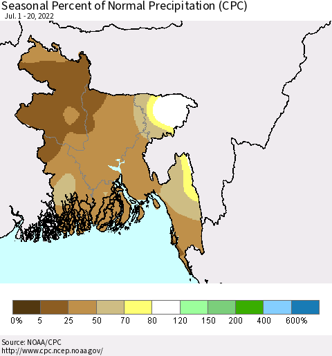Bangladesh Seasonal Percent of Normal Precipitation (CPC) Thematic Map For 7/1/2022 - 7/20/2022