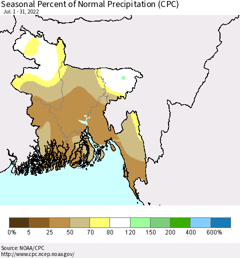 Bangladesh Seasonal Percent of Normal Precipitation (CPC) Thematic Map For 7/1/2022 - 7/31/2022