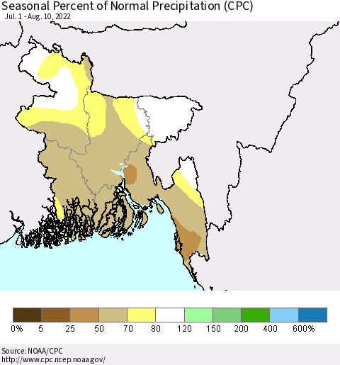 Bangladesh Seasonal Percent of Normal Precipitation (CPC) Thematic Map For 7/1/2022 - 8/10/2022