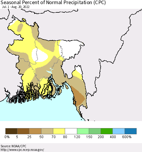 Bangladesh Seasonal Percent of Normal Precipitation (CPC) Thematic Map For 7/1/2022 - 8/20/2022