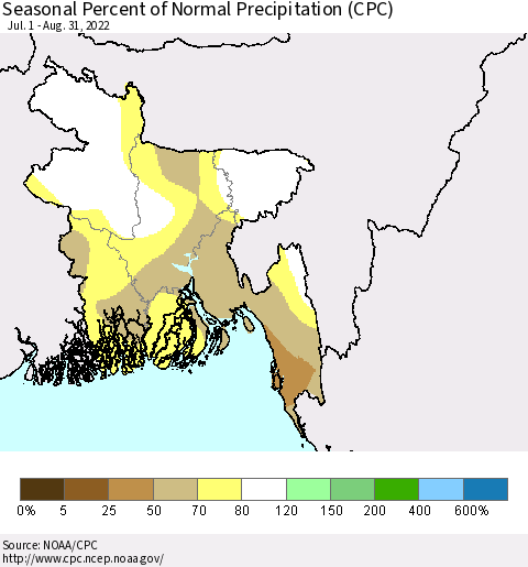 Bangladesh Seasonal Percent of Normal Precipitation (CPC) Thematic Map For 7/1/2022 - 8/31/2022