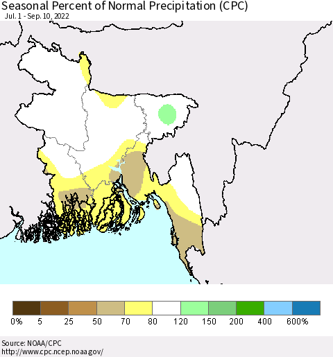 Bangladesh Seasonal Percent of Normal Precipitation (CPC) Thematic Map For 7/1/2022 - 9/10/2022