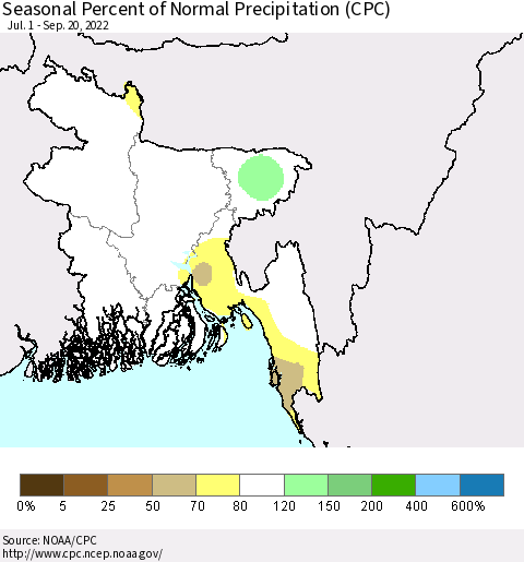 Bangladesh Seasonal Percent of Normal Precipitation (CPC) Thematic Map For 7/1/2022 - 9/20/2022