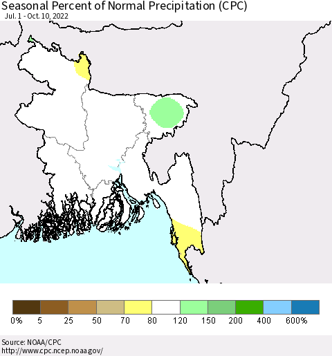 Bangladesh Seasonal Percent of Normal Precipitation (CPC) Thematic Map For 7/1/2022 - 10/10/2022