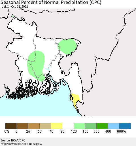 Bangladesh Seasonal Percent of Normal Precipitation (CPC) Thematic Map For 7/1/2022 - 10/31/2022
