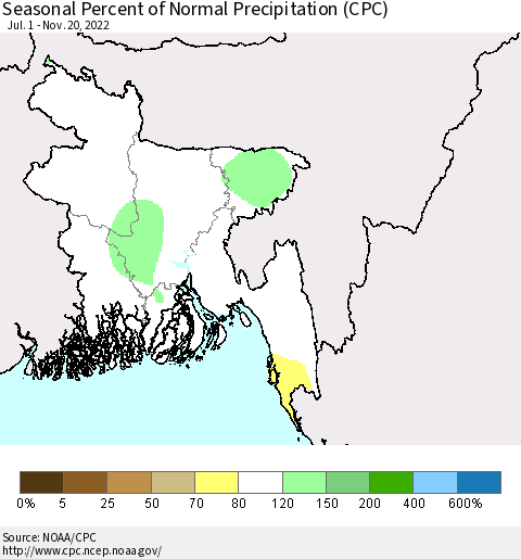Bangladesh Seasonal Percent of Normal Precipitation (CPC) Thematic Map For 7/1/2022 - 11/20/2022