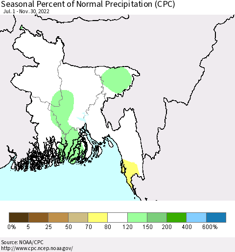 Bangladesh Seasonal Percent of Normal Precipitation (CPC) Thematic Map For 7/1/2022 - 11/30/2022