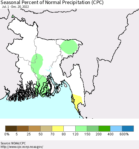 Bangladesh Seasonal Percent of Normal Precipitation (CPC) Thematic Map For 7/1/2022 - 12/20/2022