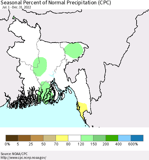 Bangladesh Seasonal Percent of Normal Precipitation (CPC) Thematic Map For 7/1/2022 - 12/31/2022