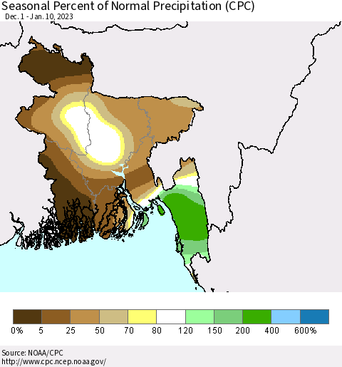 Bangladesh Seasonal Percent of Normal Precipitation (CPC) Thematic Map For 12/1/2022 - 1/10/2023
