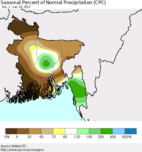 Bangladesh Seasonal Percent of Normal Precipitation (CPC) Thematic Map For 12/1/2022 - 1/20/2023