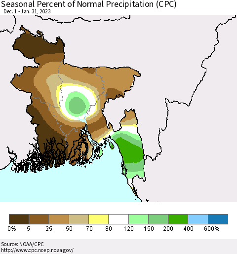 Bangladesh Seasonal Percent of Normal Precipitation (CPC) Thematic Map For 12/1/2022 - 1/31/2023
