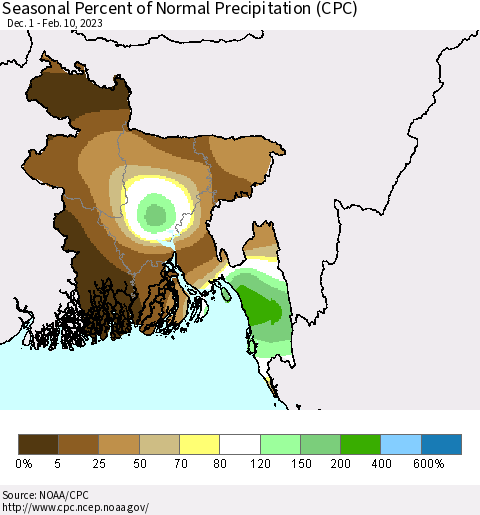Bangladesh Seasonal Percent of Normal Precipitation (CPC) Thematic Map For 12/1/2022 - 2/10/2023