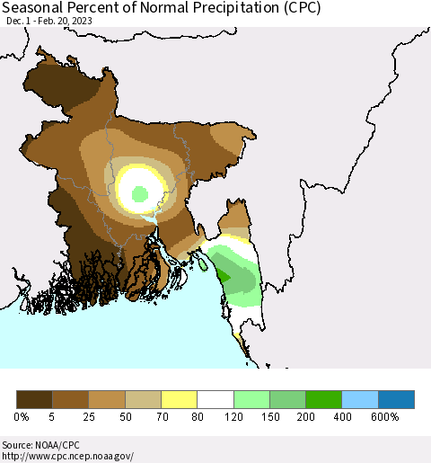 Bangladesh Seasonal Percent of Normal Precipitation (CPC) Thematic Map For 12/1/2022 - 2/20/2023