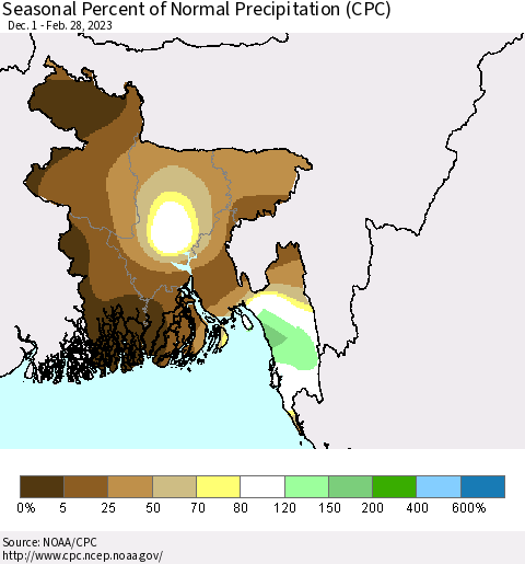 Bangladesh Seasonal Percent of Normal Precipitation (CPC) Thematic Map For 12/1/2022 - 2/28/2023
