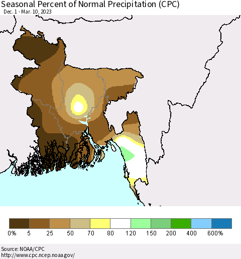 Bangladesh Seasonal Percent of Normal Precipitation (CPC) Thematic Map For 12/1/2022 - 3/10/2023