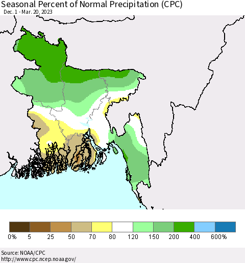 Bangladesh Seasonal Percent of Normal Precipitation (CPC) Thematic Map For 12/1/2022 - 3/20/2023