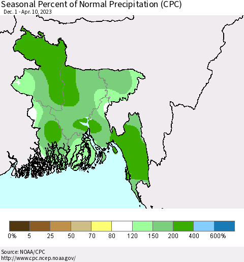 Bangladesh Seasonal Percent of Normal Precipitation (CPC) Thematic Map For 12/1/2022 - 4/10/2023