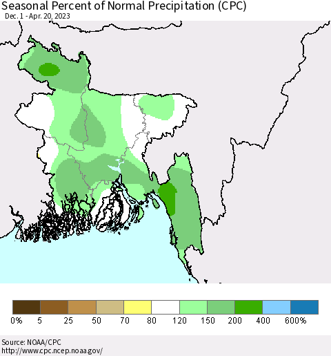 Bangladesh Seasonal Percent of Normal Precipitation (CPC) Thematic Map For 12/1/2022 - 4/20/2023