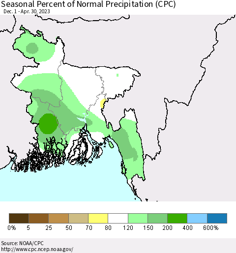 Bangladesh Seasonal Percent of Normal Precipitation (CPC) Thematic Map For 12/1/2022 - 4/30/2023