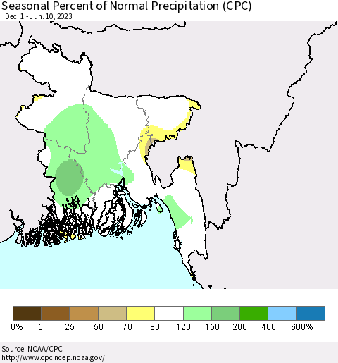 Bangladesh Seasonal Percent of Normal Precipitation (CPC) Thematic Map For 12/1/2022 - 6/10/2023