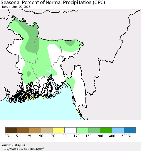 Bangladesh Seasonal Percent of Normal Precipitation (CPC) Thematic Map For 12/1/2022 - 6/20/2023