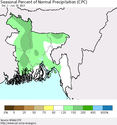 Bangladesh Seasonal Percent of Normal Precipitation (CPC) Thematic Map For 12/1/2022 - 6/30/2023