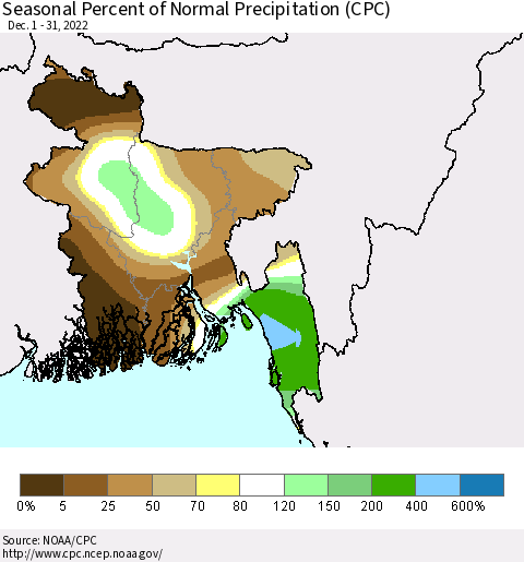 Bangladesh Seasonal Percent of Normal Precipitation (CPC) Thematic Map For 12/1/2022 - 12/31/2022