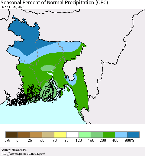 Bangladesh Seasonal Percent of Normal Precipitation (CPC) Thematic Map For 3/1/2023 - 3/20/2023