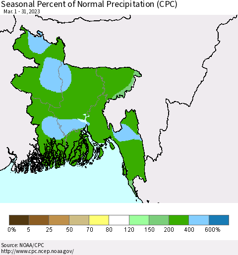 Bangladesh Seasonal Percent of Normal Precipitation (CPC) Thematic Map For 3/1/2023 - 3/31/2023