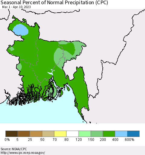 Bangladesh Seasonal Percent of Normal Precipitation (CPC) Thematic Map For 3/1/2023 - 4/10/2023