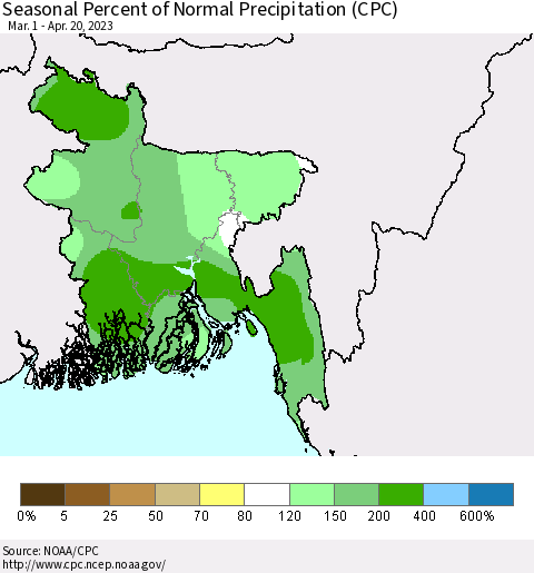 Bangladesh Seasonal Percent of Normal Precipitation (CPC) Thematic Map For 3/1/2023 - 4/20/2023