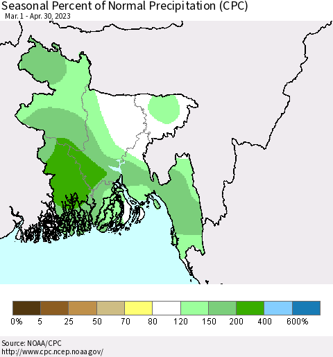 Bangladesh Seasonal Percent of Normal Precipitation (CPC) Thematic Map For 3/1/2023 - 4/30/2023