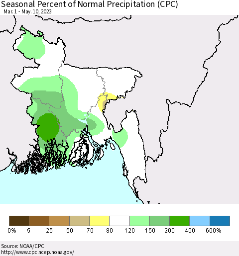 Bangladesh Seasonal Percent of Normal Precipitation (CPC) Thematic Map For 3/1/2023 - 5/10/2023