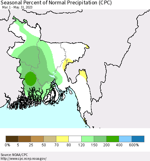 Bangladesh Seasonal Percent of Normal Precipitation (CPC) Thematic Map For 3/1/2023 - 5/31/2023