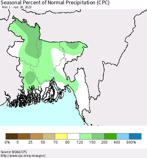Bangladesh Seasonal Percent of Normal Precipitation (CPC) Thematic Map For 3/1/2023 - 6/20/2023